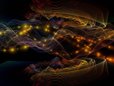 Uzay Mantığı. Sanal Dalga serisi. Veri transferi, sanal, yapay, matematiksel gerçeklik üzerine çalışmalar için yatay sinüs dalgaları ve ışık parçacıklarının görsel olarak memnun edici bileşimi.