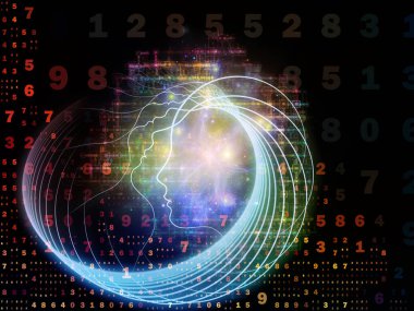 Zihin serisinin doğuşu. Genel yapay zeka ve modern teknoloji üzerine insan kafası siluetleri ve sayı şebekelerinin arka planı.