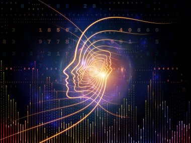 Zihin serisinin doğuşu. Genel yapay zeka ve modern teknoloji üzerine insan kafası siluetleri ve sayı şebekelerinin arka planı.