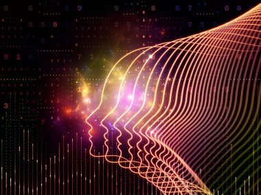 Zihin serisinin doğuşu. Genel yapay zeka ve modern teknoloji üzerine insan kafası siluetleri ve sayı şebekelerinin arka planı.