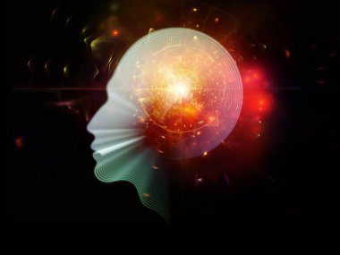 Sanal Zihinler serisi. Eğitim, bilim ve bilinç konularındaki insan yüzü profilleri ve soyut öğeler.