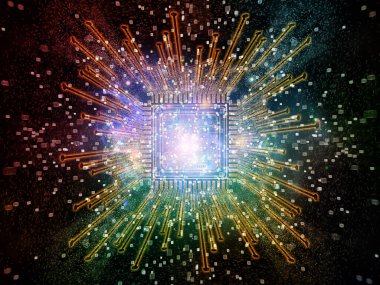 İşlemcinin özeti, fraktal geometri ve bilgisayar bilimi ve teknolojisi konularındaki ışıkların soyut 3D çizimi