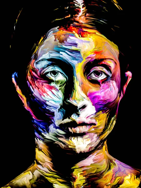 Renk serisi insanları. Yaratıcılık, hayal gücü ve sanat konularında genç bir kadının renkli soyut portresi.