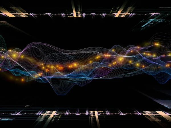 Space Signal. Virtual Wave series. Arrangement of horizontal sine waves and light particles on theme of data transfer, virtual, artificial, mathematical reality.