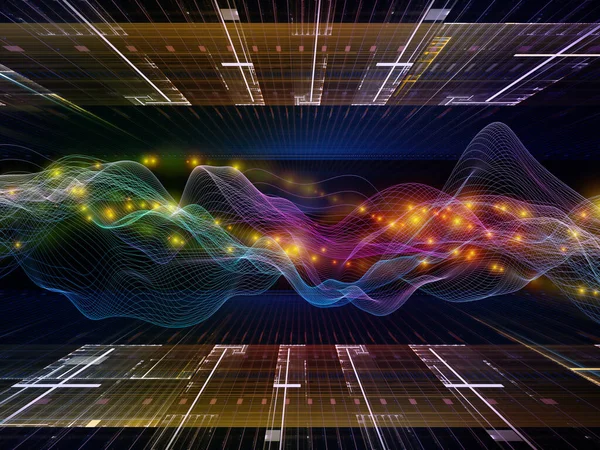 宇宙論理学 仮想波シリーズ データ転送 数学的現実に関連する水平正弦波と光粒子の3Dレンダリング — ストック写真