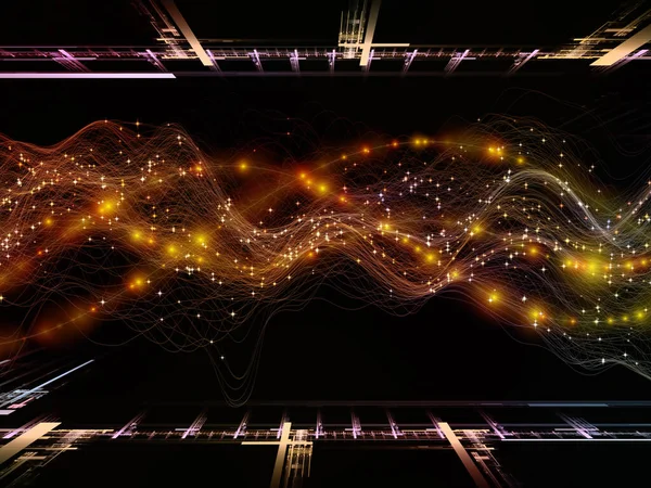 Uzay Mantığı. Sanal Dalga serisi. Veri transferi, sanal, yapay, matematiksel gerçeklik projeleri için yatay sinüs dalgaları ve ışık parçacıklarının yaratıcı düzenlenmesi.