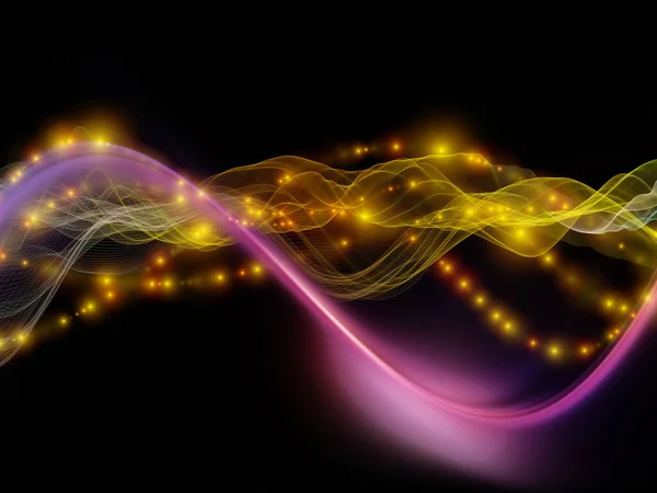 デジタルワールド 仮想波シリーズ データ転送 数学的現実を対象とした水平正弦波と光粒子の背景組成 — ストック写真