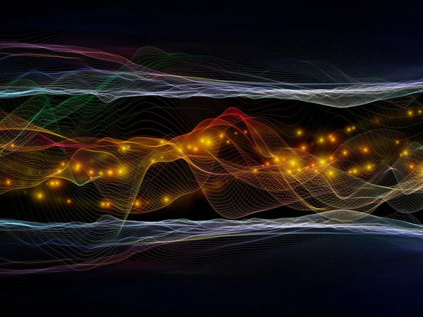 バーチャル ユニバース 仮想波シリーズ データ転送 仮想的 人工的 数学的現実の対象に対する水平正弦波及び光粒子の配置 — ストック写真
