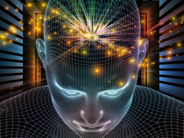デジタル思考 Lucid Mindシリーズ 人工知能 人間の意識と精神的なAi上のプロジェクトで使用するための輝くワイヤメッシュ人間の顔の3Dレンダリングの背景 — ストック写真