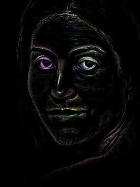 Kişilik Çalışmaları serisi. Siyah arka planda genç bir kadının yüzü sanat, şiir ve tiyatro projelerinde kullanılmak üzere Stippling Image Technique ile idam edildi..