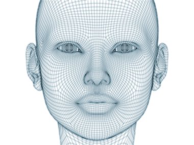 İnsan kafası ve yüzünün üç boyutlu görüntülenmesi illüstrasyon ve tasarım için tel örgüsü olarak kullanılacak
