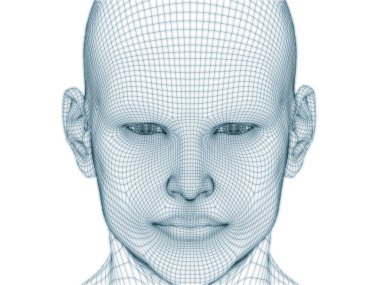 İnsan kafası ve yüzünün üç boyutlu görüntülenmesi illüstrasyon ve tasarım için tel örgüsü olarak kullanılacak