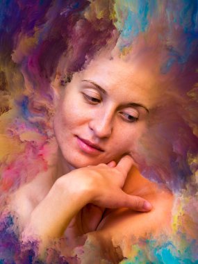 Dünya serisi. Kadın portresinin soyut bileşimi duygular, duygular, iç dünya, yaratıcılık ve hayal gücüyle ilgili projelere uygun canlı boyayla kaynaştırılmış.