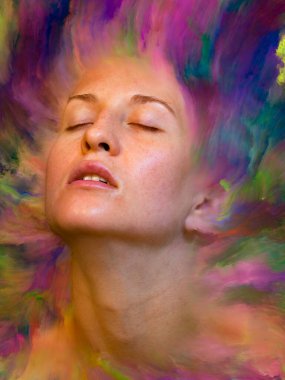 Onun Dünya serisi. Kadın portre konusu duygular, duygular, iç dünya, yaratıcılık ve hayal gücü için canlı boya ile erimiş grafik bileşimi