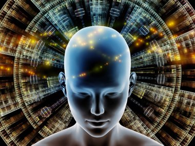 3D Illustration. Zihin Halo serisi. Sanal insan kafası, düşünce, beyin aktivitesi, yapay zeka, zihinsel kaynaklar ve iç dünya üzerindeki soyut elementlerin yayılımına karşı..