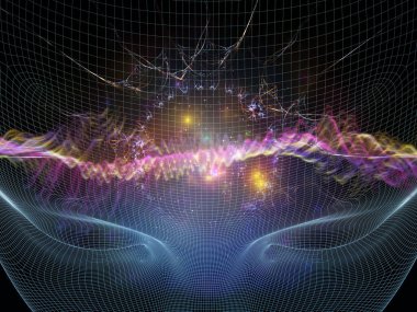 Zihin dalgası serisi. Bilinç, akıl, düşünce ve iç dünya üzerine soyut ışık dalgalarıyla insan yüzünün kablo çerçevesi..