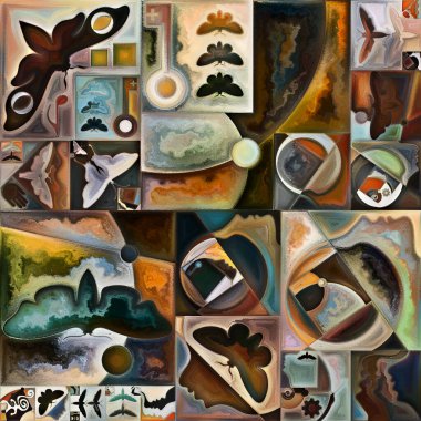 İç şifreleme serisi. Gizli anlamlar, kutsal yaşam, drama, şiir, mistisizm ve sanat konularındaki soyut organik formlar, sanat dokuları ve renklerin kolajı.