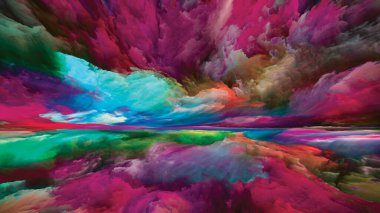 Işık bulutları. Gerçekliğe Kaçış dizisi. Sahne resmi, hayal gücü, yaratıcılık ve sanat temasında gerçeküstü gün batımı renkleri ve dokularının kompozisyonu