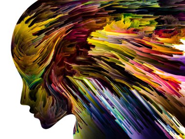 Rahatsız edici Düşünceler serisi. İnsan yüzü siluetinde hareketli renkli boya. İç dünya, zihin, psikoloji, depresyon, anksiyete, zihinsel hastalık, yaratıcılık ve soyut sanat konularındaki sanat çalışmaları.