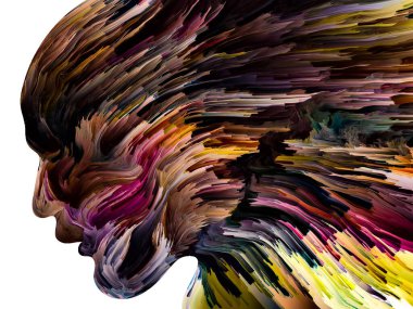 Rahatsız edici Düşünceler serisi. Sıvı boya insan yüzü siluetinde hareket halinde. İç dünya, zihin, psikoloji, depresyon, anksiyete, zihinsel hastalık, yaratıcılık ve soyut sanat konularındaki sanat çalışmaları.