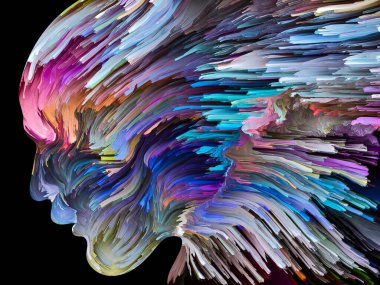 Rahatsız edici Düşünceler serisi. Sıvı boya insan yüzü siluetinde hareket halinde. İç dünya, zihin, psikoloji, depresyon, anksiyete, zihinsel hastalık, yaratıcılık ve soyut sanat konularındaki sanat çalışmaları.