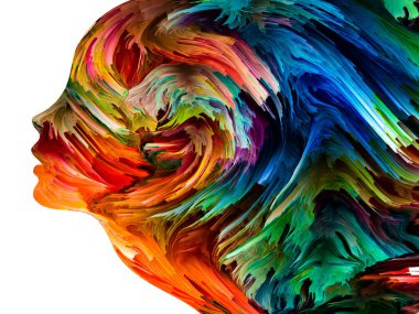 Rahatsız edici Düşünceler serisi. İnsan yüzü siluetinde desenli boya hareket halinde. İç dünya, zihin, psikoloji, depresyon, anksiyete, zihinsel hastalık, yaratıcılık ve soyut sanat konularındaki sanat çalışmaları.