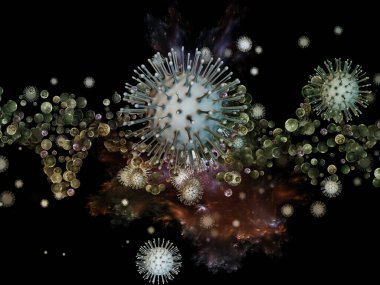Virüs Mantığı. Viral Salgın Serisi. Coronavirus parçacıkları ve virüs, salgın, enfeksiyon, hastalık ve sağlıkla ilgili mikro uzay elementlerinin 3D Illustration 'ı