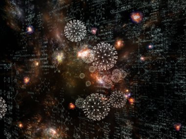 Coronavirus Evreni. Viral Salgın Serisi. Virüs, salgın, enfeksiyon, hastalık ve sağlık konularında çalışmalar için 3 boyutlu Coronavirus parçacıkları ve mikro uzay elementleri