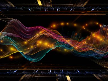 Sanal Mikro Dünya. Sanal Dalga serisi. Veri transferi, sanal, yapay, matematiksel gerçeklik için yatay sinüs dalgaları ve ışık parçacıklarının 3B çizimi.