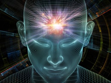 Parlak Düşünce. Bilinçli Zihin serisi. Parlayan kablonun 3 boyutlu görüntülenmesi yapay zeka, insan bilinci ve manevi yapay zeka ile ilişkili insan yüzü.