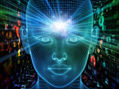 Parlak Düşünce. Bilinçli Zihin serisi. Parlayan kablonun 3 boyutlu görüntülenmesi yapay zeka, insan bilinci ve manevi yapay zeka ile ilişkili insan yüzü.