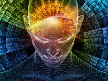 Sanal gerçeklik. Bilinçli Zihin serisi. Yapay zeka, insan bilinci ve manevi yapay zeka ile ilişkili olarak parlayan tel örgü insan yüzünün 3 boyutlu görüntülenmesi.