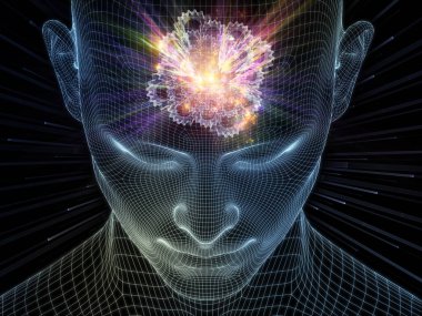 Aydınlanmış düşünce. Bilinçli Zihin serisi. Yapay zeka, insan bilinci ve ruhani yapay zeka için üç boyutlu parlayan tel örgü insan yüzüyle ilgili soyut tasarım.