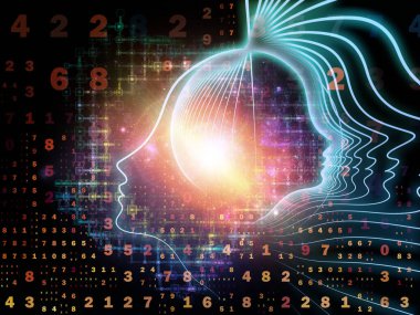 Zihin serisinin doğuşu. Genel yapay zeka ve modern teknoloji üzerine insan kafası siluetleri ve sayı şebekelerinin arka planı.