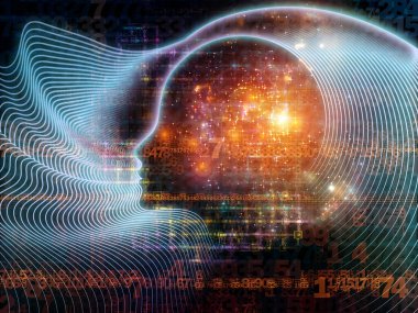 Zihin serisinin doğuşu. Genel yapay zeka ve modern teknoloji üzerine insan kafası siluetleri ve sayı şebekelerinin arka planı.