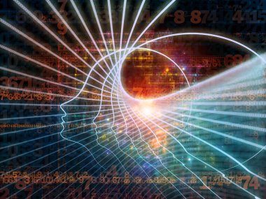 Zihin serisinin doğuşu. Genel yapay zeka ve modern teknoloji üzerine insan kafası siluetleri ve sayı şebekelerinin arka planı.