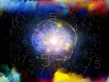 Dijital Bulut serisi. Renkli fraktal bulutların arka planına karşı rakamların küresel yayımlayıcısının görüntüsü.