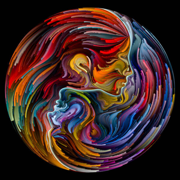 "Soul Mates". Нечеткие мужские, женские черты лица соединились в символ формы инь-янь с мазками цифровой краски. Иллюстрация на тему любви, романтики, искусства и сил в природе.