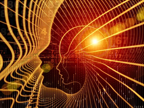 Zihin serisinin doğuşu. Genel yapay zeka ve modern teknoloji üzerine insan kafası siluetleri ve sayı şebekelerinin arka planı.