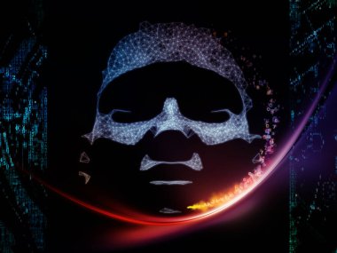 Yapay Zekanın İlk Işığı. İnsan yüzü ağı, soyut şafak ışıkları ve makine öğrenme, modern teknoloji, eğitim ve hesaplama konularındaki sayılar sütunu. 