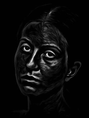 Benekli Portre serisi. Sanat, iç dünya ve insan ruhu üzerine geleneksel noktacı tarzıyla yapılmış genç bir kadının yüz çalışması..