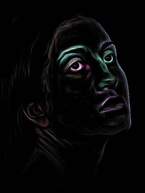 Kişilik Çalışmaları serisi. Siyah arka planda genç bir kadının yüzü sanat, şiir ve tiyatro projelerinde kullanılmak üzere Stippling Image Technique ile idam edildi..