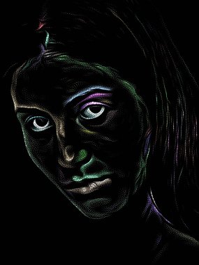 Kişilik Çalışmaları serisi. Siyah arka planda genç bir kadının yüzü sanat, şiir ve tiyatro projelerinde kullanılmak üzere Stippling Image Technique ile idam edildi..