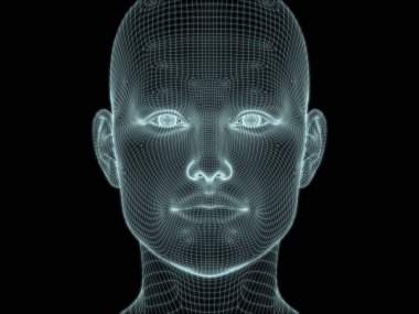 Teknoloji, eğitim ve bilgisayar bilimleri illüstrasyonlarında kullanılmak üzere insan yüzü 3D kablo örgüsü oluşturma