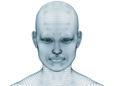 İnsan kafası ve yüzünün üç boyutlu görüntülenmesi illüstrasyon ve tasarım için tel örgüsü olarak kullanılacak