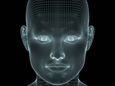 Teknoloji, eğitim ve bilgisayar bilimleri illüstrasyonlarında kullanılmak üzere insan yüzü 3D kablo örgüsü oluşturma