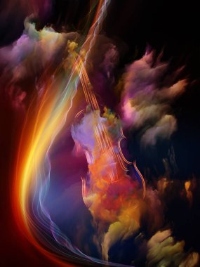 Müzik, sanat ve yaratıcılık konularında renkli keman ve fraktal boya soyutlaması. 3B Görüntü.