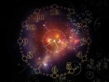 Zaman boşluğu. Time serisinin yüzleri. Bilim, eğitim ve modern teknolojiler için saat tuşlarının ve soyut elementlerin bileşimi