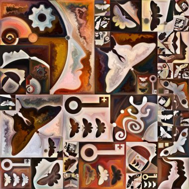 Gradyan Akış. Gizli şifre serisi. İç hayat, drama, şiir ve algı projeleri için insan siluetlerinin, sanat dokularının ve renklerinin yaratıcı düzenlenmesi