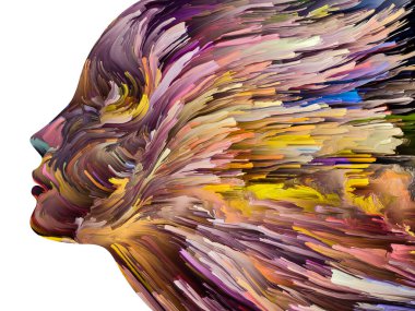 Rahatsız edici Düşünceler serisi. İnsan yüzü siluetinin içinde hareket halindeki kalın boya. İç dünya, zihin, psikoloji, depresyon, anksiyete, zihinsel hastalık, yaratıcılık ve soyut sanat konularındaki sanat çalışmaları.